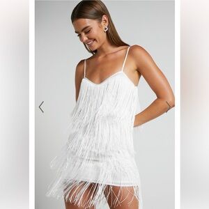 Showpo White Fringe Dress- Siofra Mini Fringe Dress